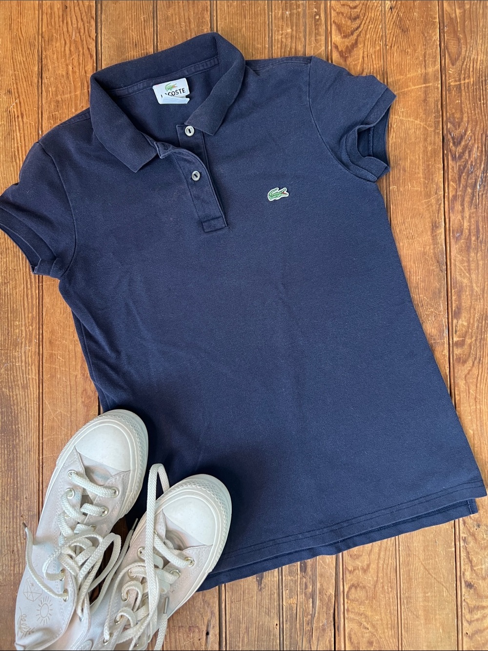 Vintage Lacoste Navy womens Polo Shirt short sleeve with Green Crocodile Logo